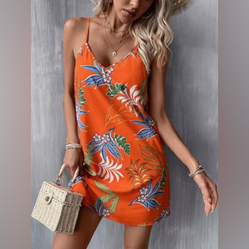 Emery Rose Orange Tropical Print V Neck Sleeveless Dress